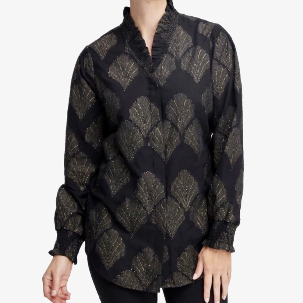 Chico's Jacquard Ruffle Collar Black and Gold Blouse w Smock Cuff's